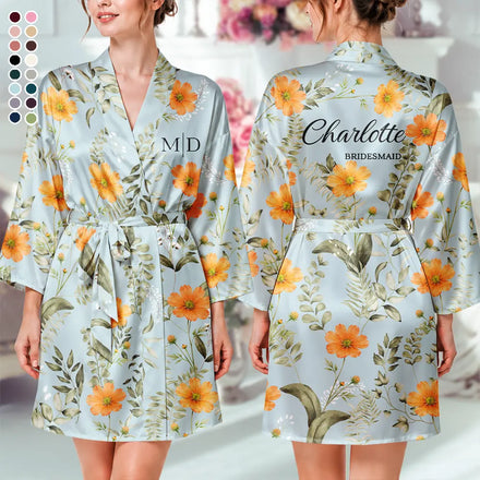 Monogram Birth Flower Bride, Bridesmaids, Mom, Daughter, Bachelorette - Personalized Satin Robe