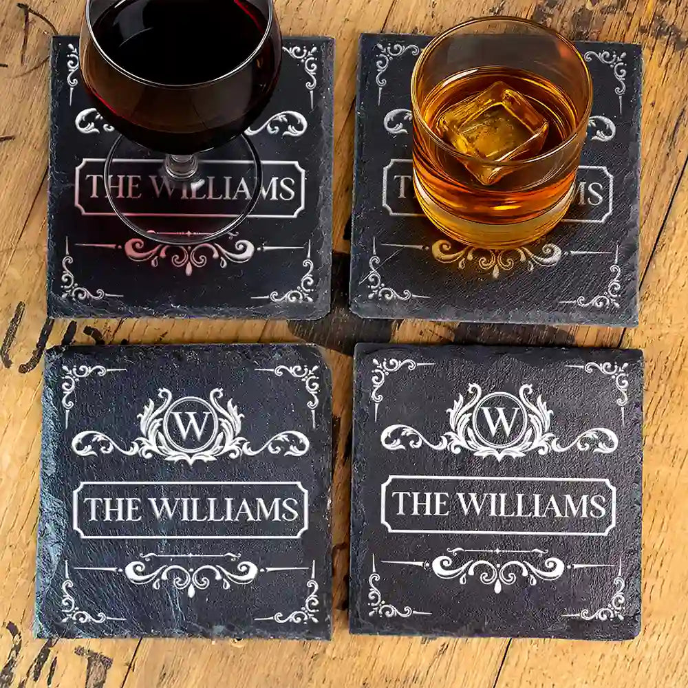 Monogram Family Name Vintage Decor - Personalized Slate Coaster