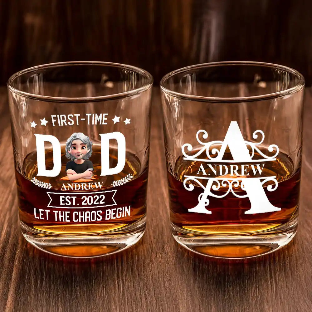 Gift For Husband, Gift For Yourself, Gift For Father, New Dad, New baby, Happy, Funny - Monogram First Time Dad Est - Personalized Whiskey Glass