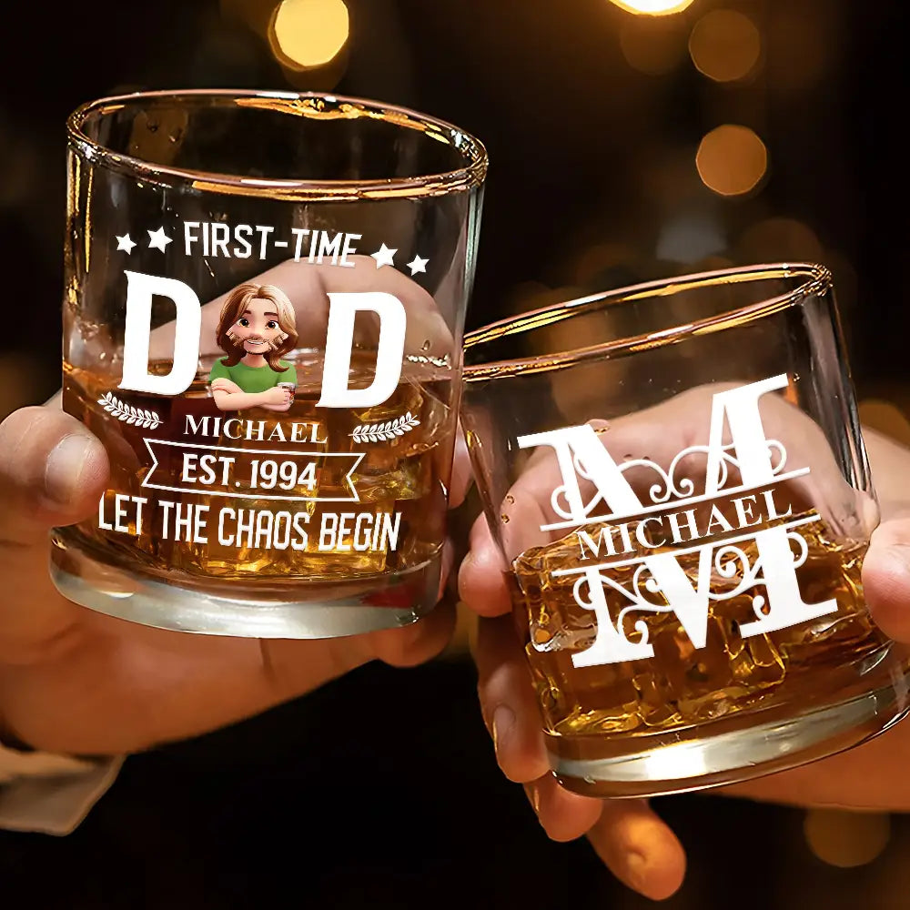 Gift For Husband, Gift For Yourself, Gift For Father, New Dad, New baby, Happy, Funny - Monogram First Time Dad Est - Personalized Whiskey Glass