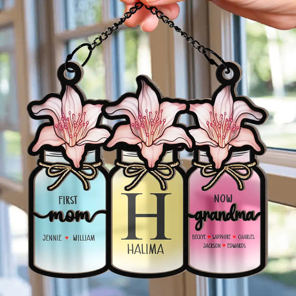 Gift For Mother,Gift For Grandma,Love - Monogram Flower Jar First Mom Now Grandma - Personalized Window Hanging Suncatcher Ornament
