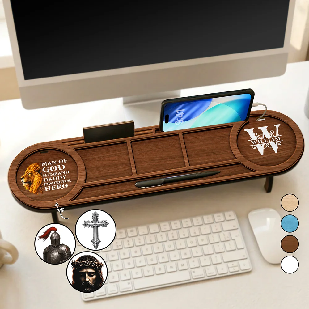 Monogram Initial Man Of God Husband Daddy Protector Hero - Personalized Desk Organizer