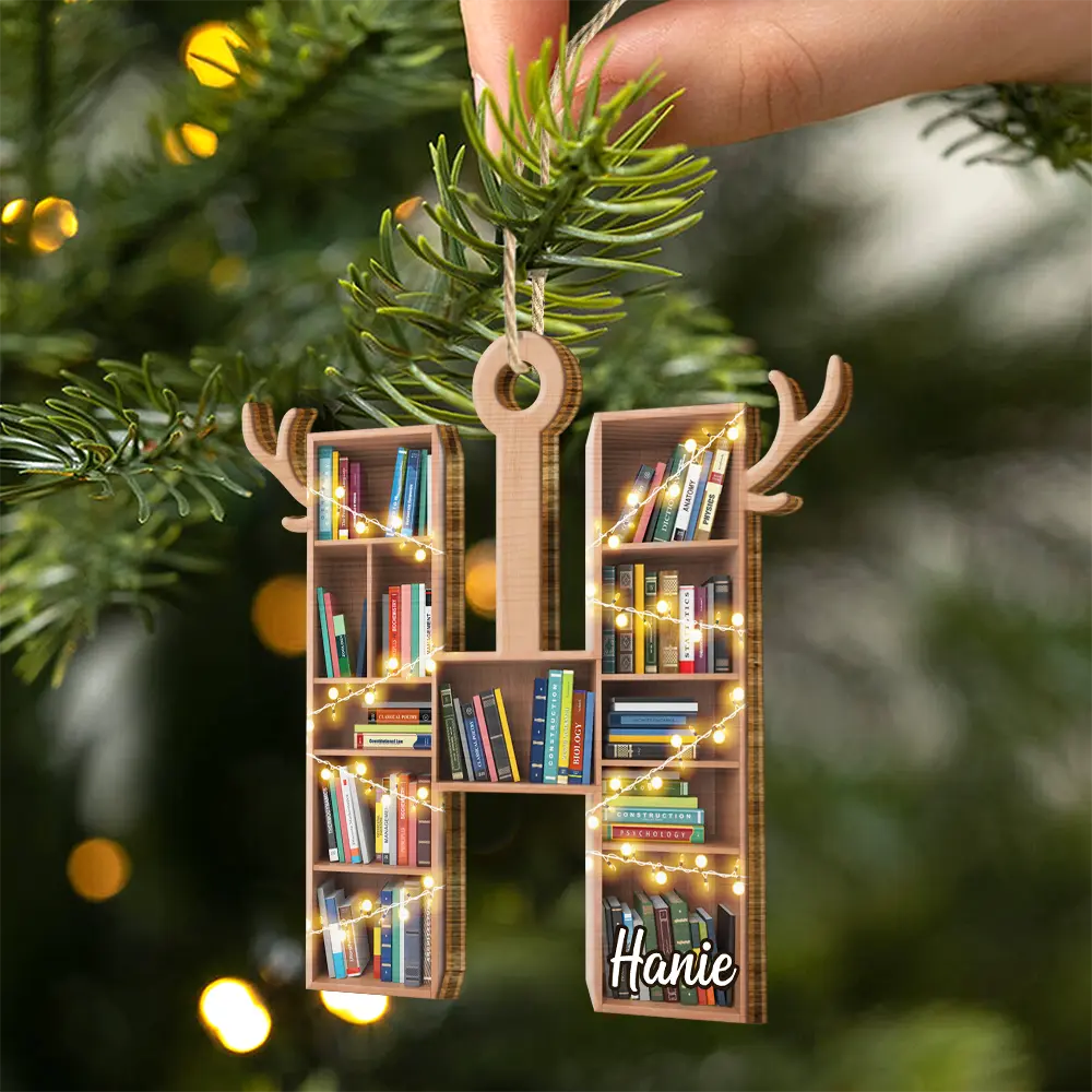 Christmas,Reading,Gift For Yourself,Happy - Monogram Letter Bookish Keepsake - Personalized Custom Shaped Wooden Ornament