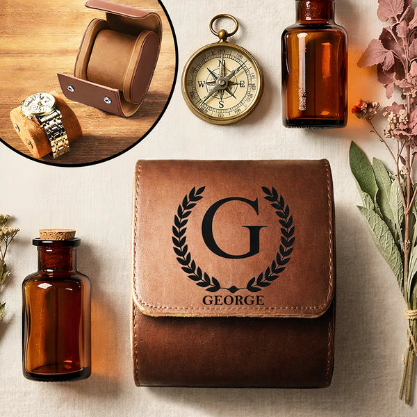 Gift For Husband,Gift For Boyfriend,Gift For Men,Happy - Monogram Name Simple Keepsake - Personalized Leather Watch Case
