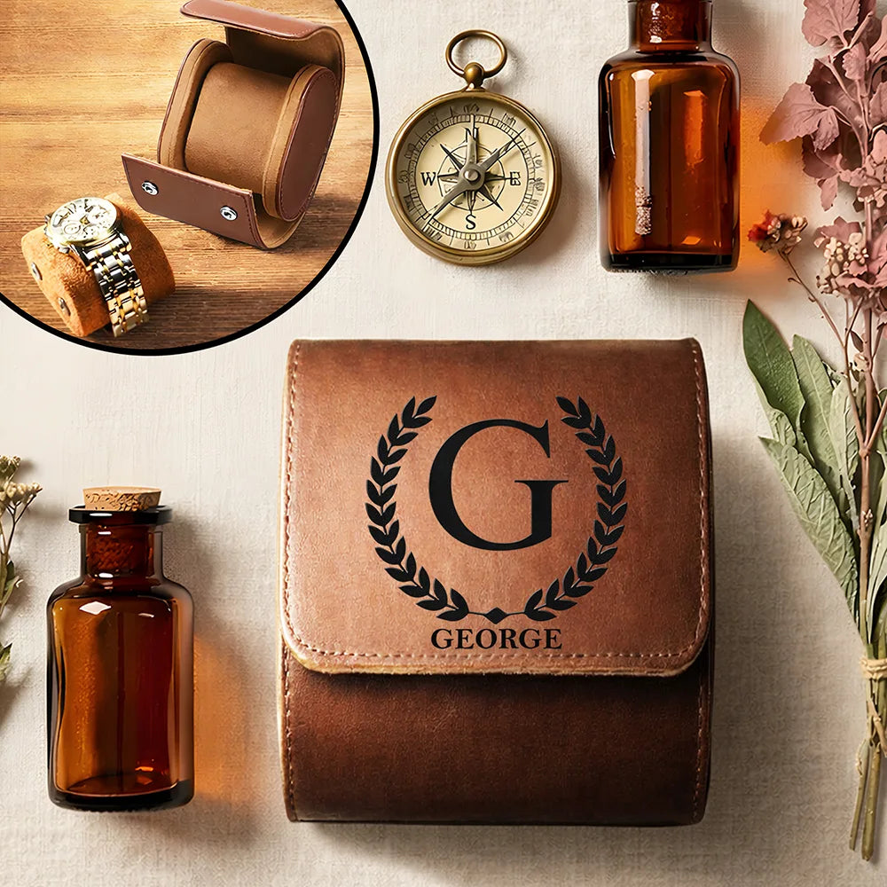 Gift For Husband,Gift For Boyfriend,Gift For Men,Happy - Monogram Name Simple Keepsake - Personalized Leather Watch Case