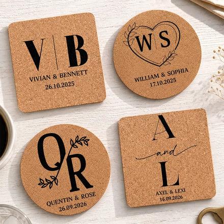 Monogram Wedding Couple Name - Personalized Cork Coaster