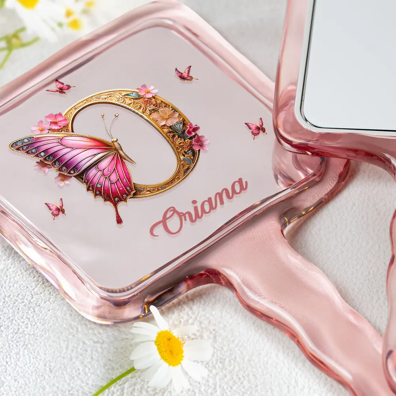 Gift For Yourself,Gift For Women,Happy,Gift For Daughter,Gift For Bestie,Gift For Sisters - Monogrammed Alphabet Butterfly - Personalized Handheld Mirror