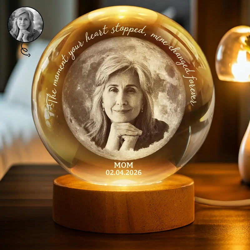 Gift For Yourself,Memorial,Sad,Gift For Mother,Gift For Father,Gift For Son,Gift For Daughter - Moon Phase Custom Photo Pencil Sketch Memorial The Moment Your Heart Stopped - Personalized Crystal Globe Lamp
