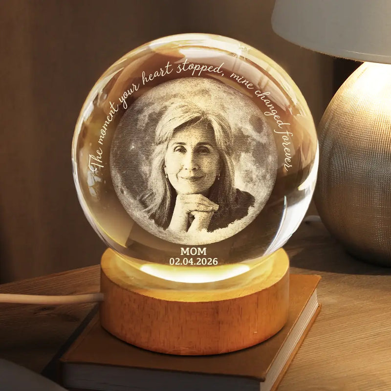 Gift For Yourself,Memorial,Sad,Gift For Mother,Gift For Father,Gift For Son,Gift For Daughter - Moon Phase Custom Photo Pencil Sketch Memorial The Moment Your Heart Stopped - Personalized Crystal Globe Lamp