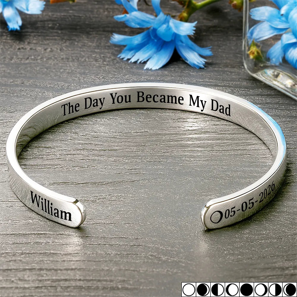 New Dad,New Mom,New baby,Gift For Father,Gift For Mother,Happy - Moon Phase Icon The Day You Became My Dad Mom - Personalized Bangle Bracelet Cuff
