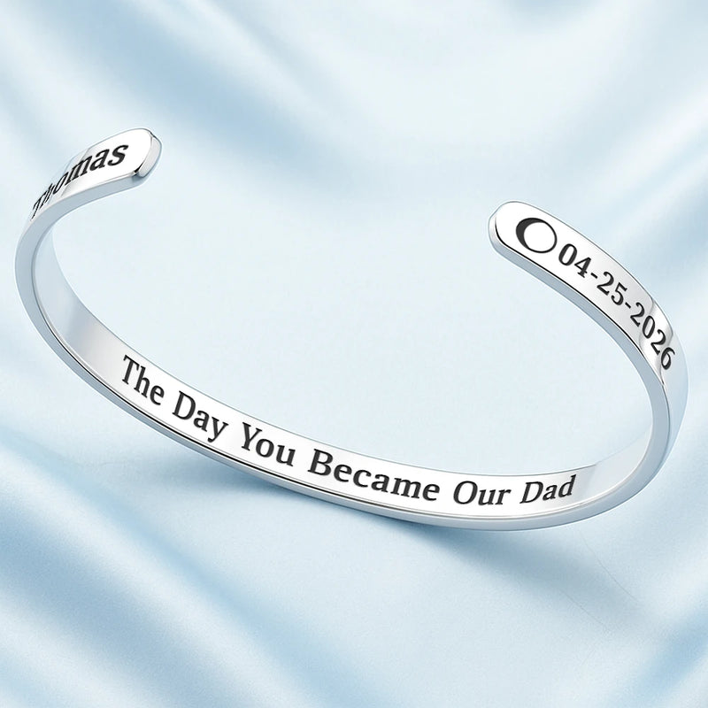 New Dad,New Mom,New baby,Gift For Father,Gift For Mother,Happy - Moon Phase Icon The Day You Became My Dad Mom - Personalized Bangle Bracelet Cuff