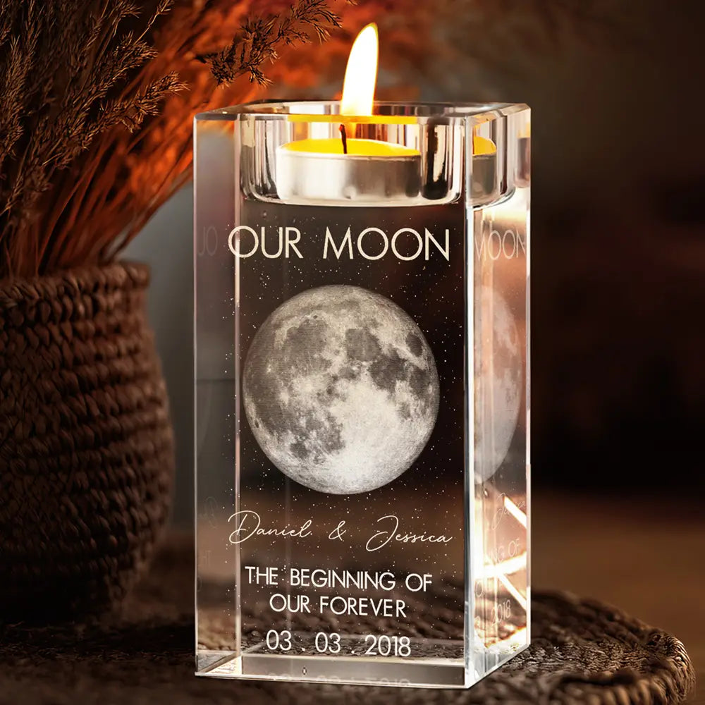 Gift For Couples,Gift For Husband,Gift For Wife,Gift For Boyfriend,Gift For Girlfriend,Parents,Gift For Mother,Gift For Father,Married ,Engaged,Love - Moon Phase The Beginning Of Our Forever - Personalized Crystal Candle Holder