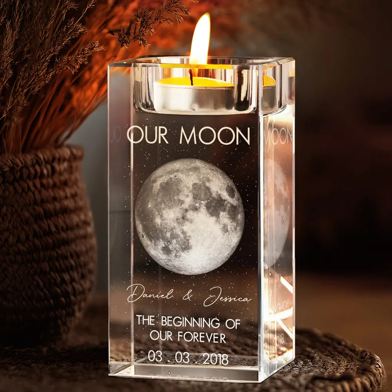 Gift For Couples,Gift For Husband,Gift For Wife,Gift For Boyfriend,Gift For Girlfriend,Parents,Gift For Mother,Gift For Father,Married ,Engaged,Love - Moon Phase The Beginning Of Our Forever - Personalized Crystal Candle Holder
