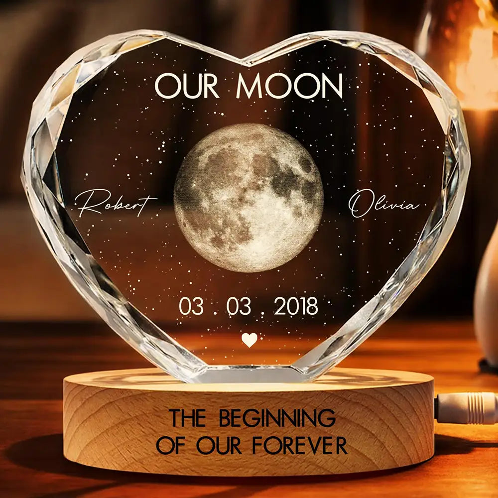 Moon Phase The Beginning Of Our Forever - Personalized Crystal Heart Shaped Lamp