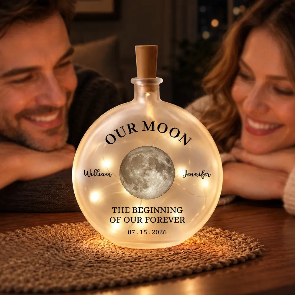 Moon Phase The Beginning Of Our Forever Couple - Personalized Round Flat Bottle Light