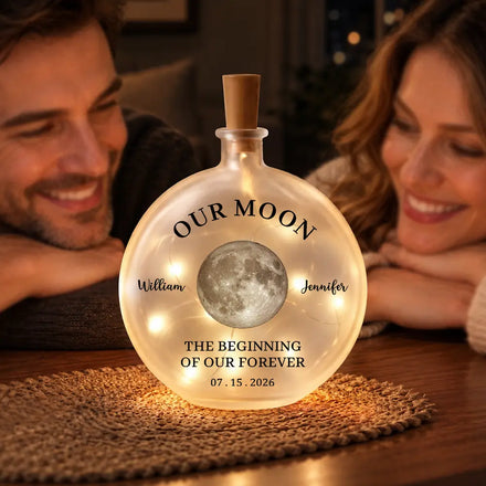 Moon Phase The Beginning Of Our Forever Couple - Personalized Round Flat Bottle Light