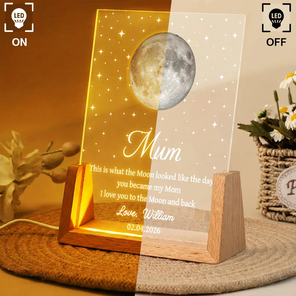 Mom - Children,Happy,Love,Gift For Mother,Mom - Daughters (Adult),Mom - Daughters (Young),Mom - Sons - Moon Phase The Date You Became My Mom - Personalized Night Light
