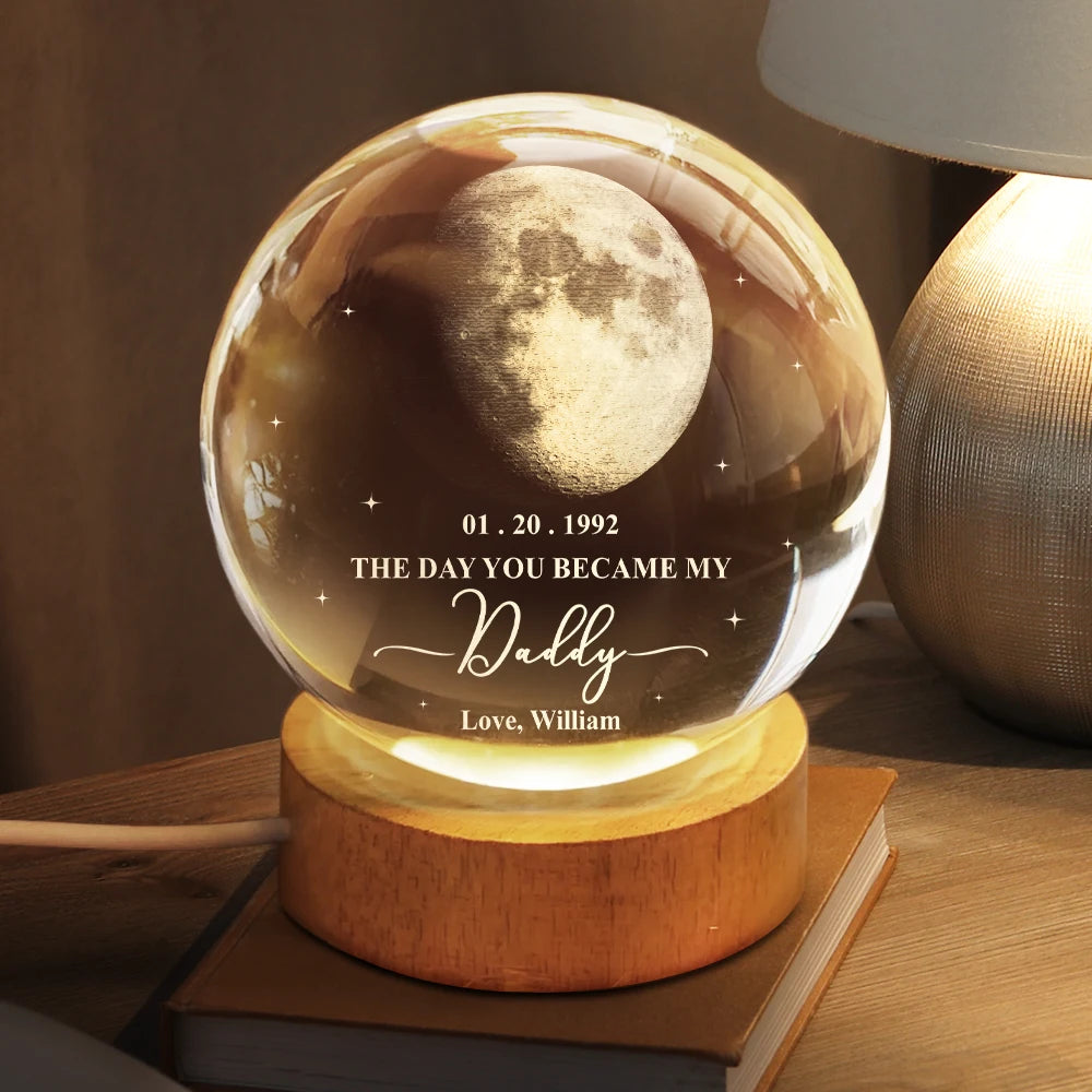 Gift For Father,Gift For Mother,Gift For Grandma,Gift For Grandpa,Love,Custom Photo - Moon Phase The Day You Became My Mommy Daddy - Personalized Crystal Globe Lamp