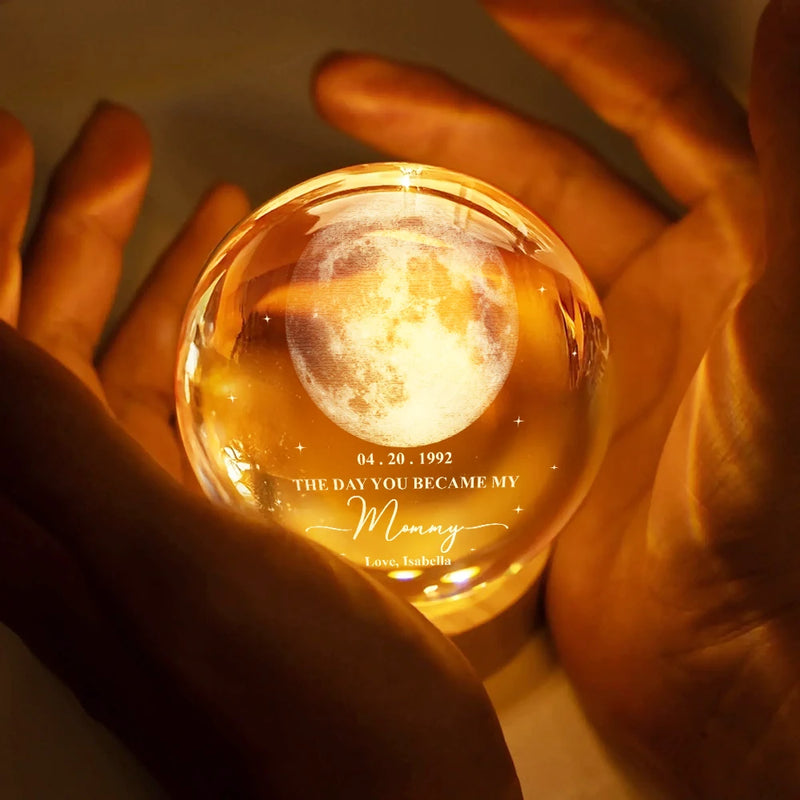 Gift For Father,Gift For Mother,Gift For Grandma,Gift For Grandpa,Love,Custom Photo - Moon Phase The Day You Became My Mommy Daddy - Personalized Crystal Globe Lamp