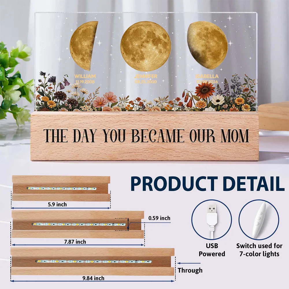 Gift For Mother,Gift For Grandma,Happy - Moon Phase The Day You Become Mom Mum Grandma Vintage Style - Personalized Rectangle LED Light