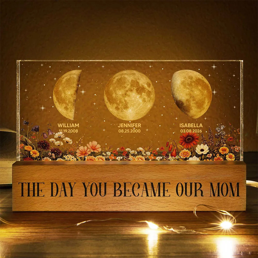 Moon Phase The Day You Become Mom Mum Grandma Vintage Style - Personalized Rectangle LED Light