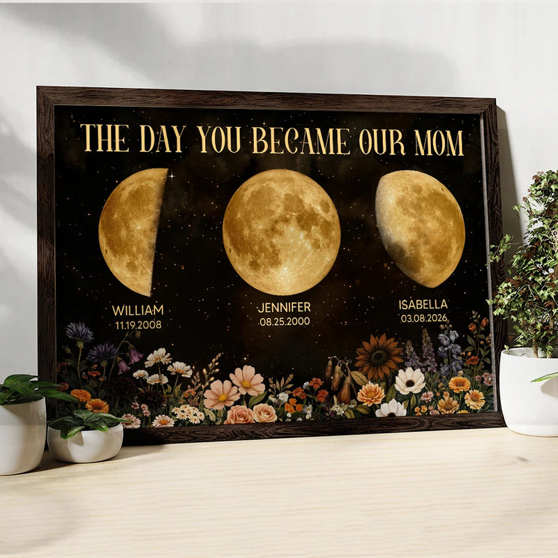 Gift For Mother, Gift For Grandma, Happy - Moon Phase The Day You Become Our Mom Mum Grandma Vintage Style - Personalized Poster