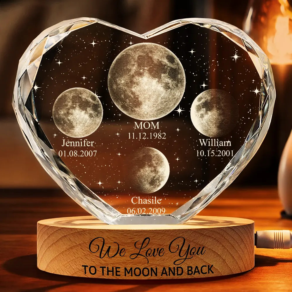 Moon Phase We Love You To The Moon And Back - Personalized Crystal Heart Shaped Lamp