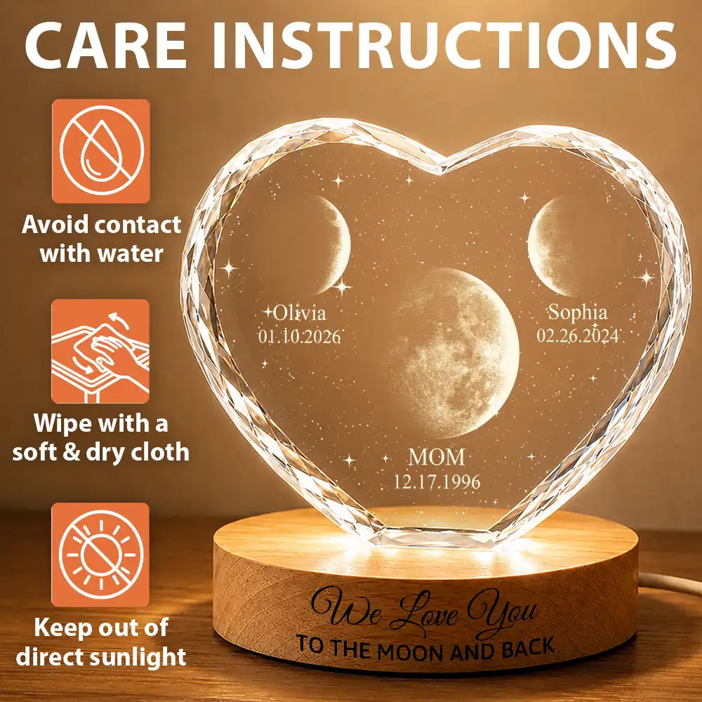 Gift For Mother,Gift For Grandma,Gift For Father,Gift For Grandpa,Love,Moon Phase - Moon Phase We Love You To The Moon And Back - Personalized Crystal Heart Shaped Lamp