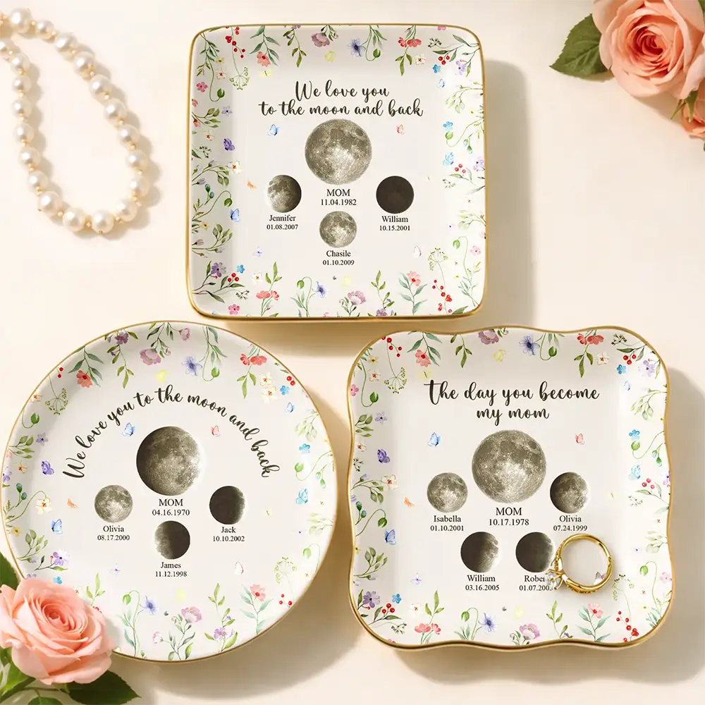 Gift For Mother,Gift For Grandma,Love,Non-Eng,Moon Phase - Moon Phase We Love You To The Moon And Back - Personalized Ring Dish