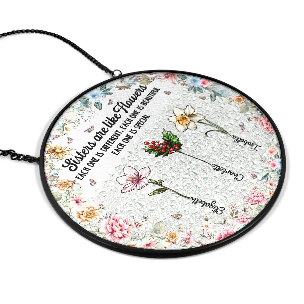 Gift For Sisters,Gift For Bestie,Love - Mosaic Art Sister Are Like Flowers - Personalized Stained Glass Window Hanging Suncatcher