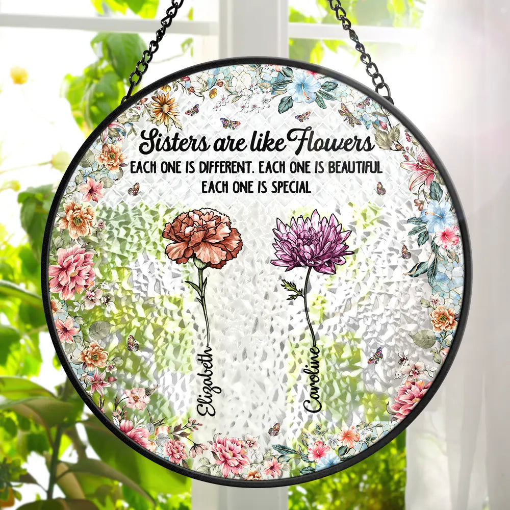 Mosaic Art Sister Are Like Flowers - Personalized Stained Glass Window Hanging Suncatcher