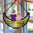 Gift For Mother,Mom - Children,Gift For Grandma,Love - Mother And Children Sitting On The Moon - Personalized Window Hanging Suncatcher Ornament