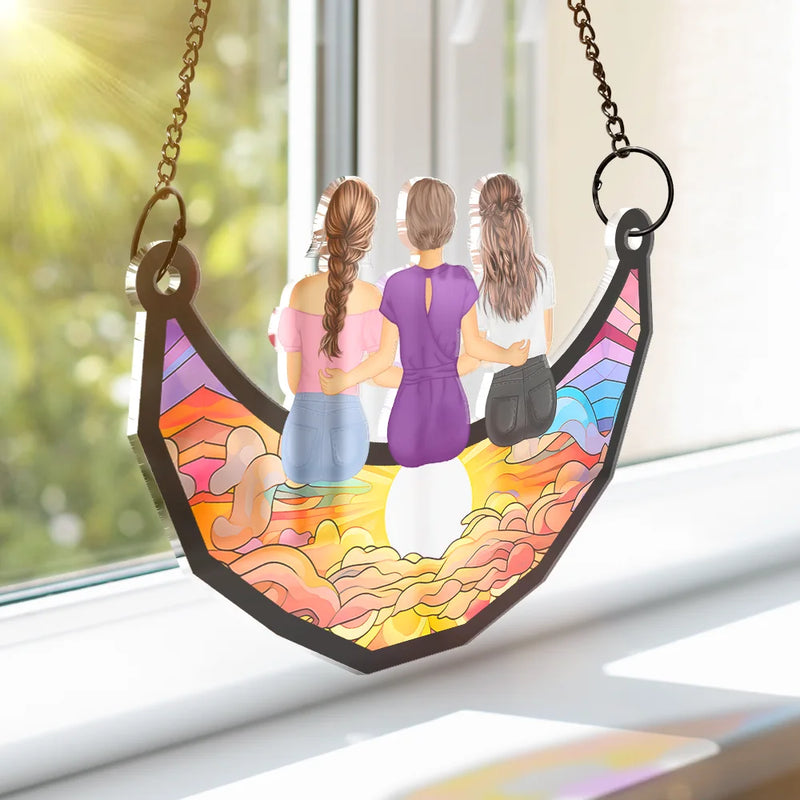 Gift For Mother,Mom - Children,Gift For Grandma,Love - Mother And Children Sitting On The Moon - Personalized Window Hanging Suncatcher Ornament