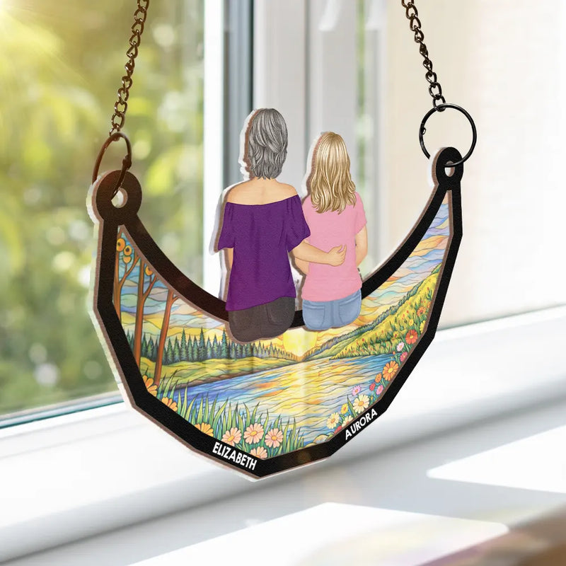 Gift For Mother,Mom - Children,Gift For Grandma,Love - Mother And Children Sitting On The Moon - Personalized Window Hanging Suncatcher Ornament