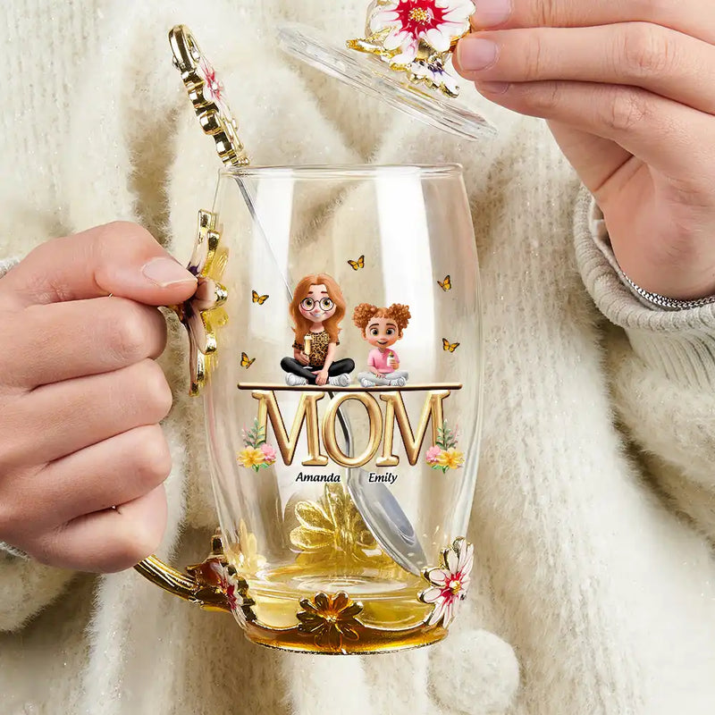 Gift For Mother,Mom,Children - Mother And Children Together - Personalized Glass Flower Tea Cup
