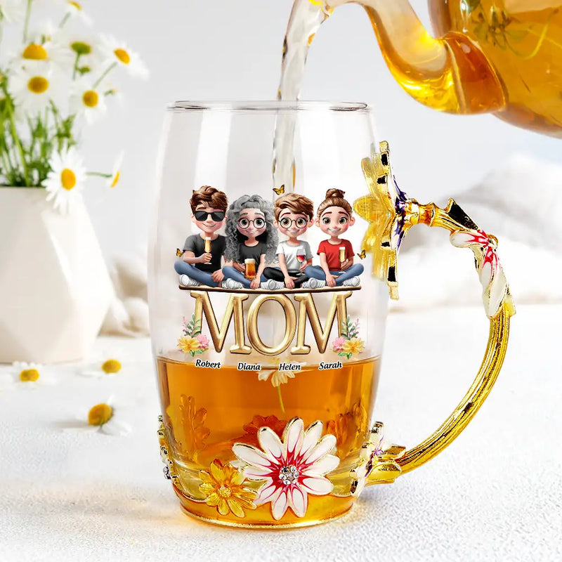 Gift For Mother,Mom,Children - Mother And Children Together - Personalized Glass Flower Tea Cup
