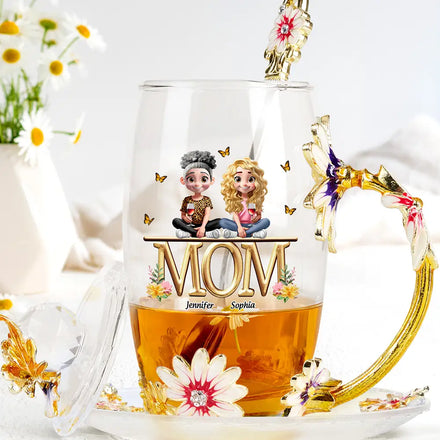Mère et enfants ensemble - Tasse à thé en verre personnalisée avec fleurs