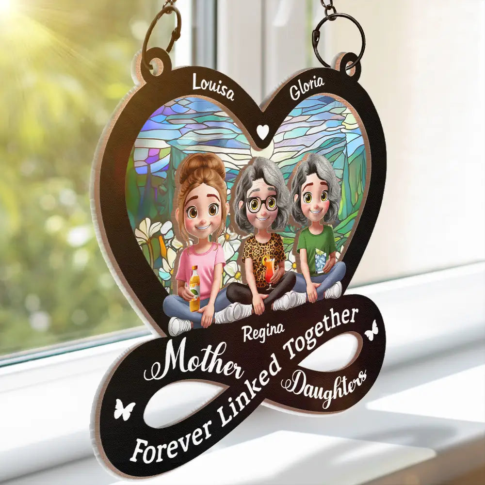 Gift For Mother,Love,Mom,Daughters,Gift For Daughter - Mother And Daughter Forever Linked Together 3D Effect - Personalized Window Hanging Suncatcher Ornament
