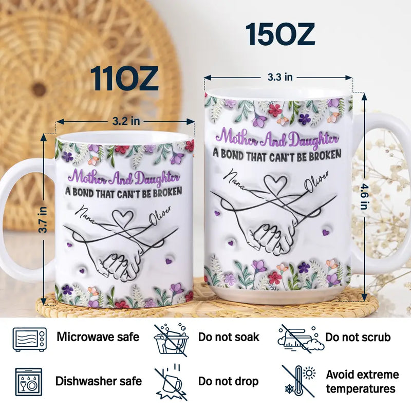 Gift For Mother,Gift For Daughter,Love,Mom,Daughters - Mother And Daughter Relationship - 3D Inflated Effect Printed Mug, Personalized White Edge-to-Edge Mug