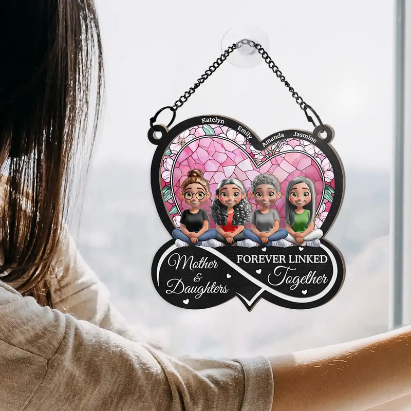 Gift For Mother,Mom - Daughters (Adult),Gift For Daughter,Happy - Mother And Daughters Forever Linked Together - Personalized Window Hanging Suncatcher Ornament