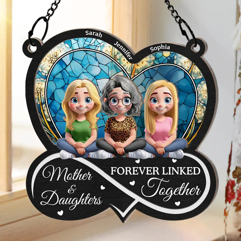 Gift For Mother,Mom - Daughters (Adult),Gift For Daughter,Happy - Mother And Daughters Forever Linked Together - Personalized Window Hanging Suncatcher Ornament