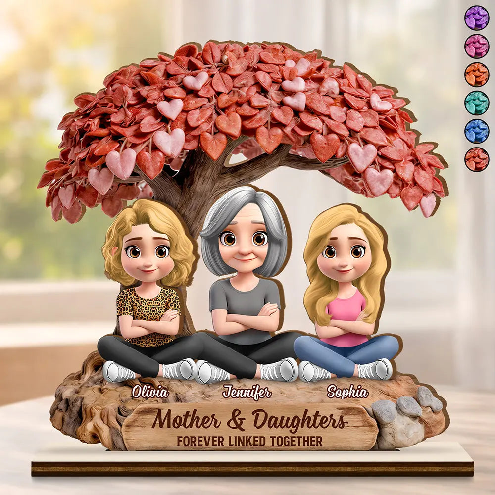 Gift For Mother,Mom - Daughters (Adult),Mom - Daughters (Young),Mom - Sons,Mom - Children,Love - Mother And Daughters Forever Linked Together Under Heart Tree - Personalized Custom Shaped Wooden Plaque