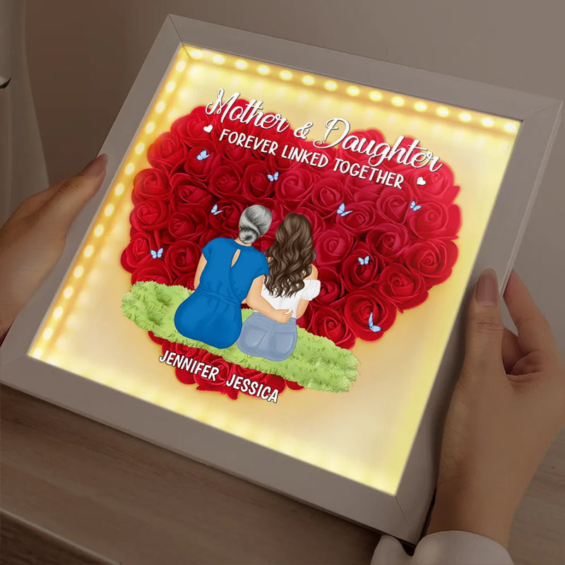 Gift For Mother,Mom - Daughters (Adult),Happy - Mother Daughter Forever Linked Together - Personalized LED Light Flower Shadow Box