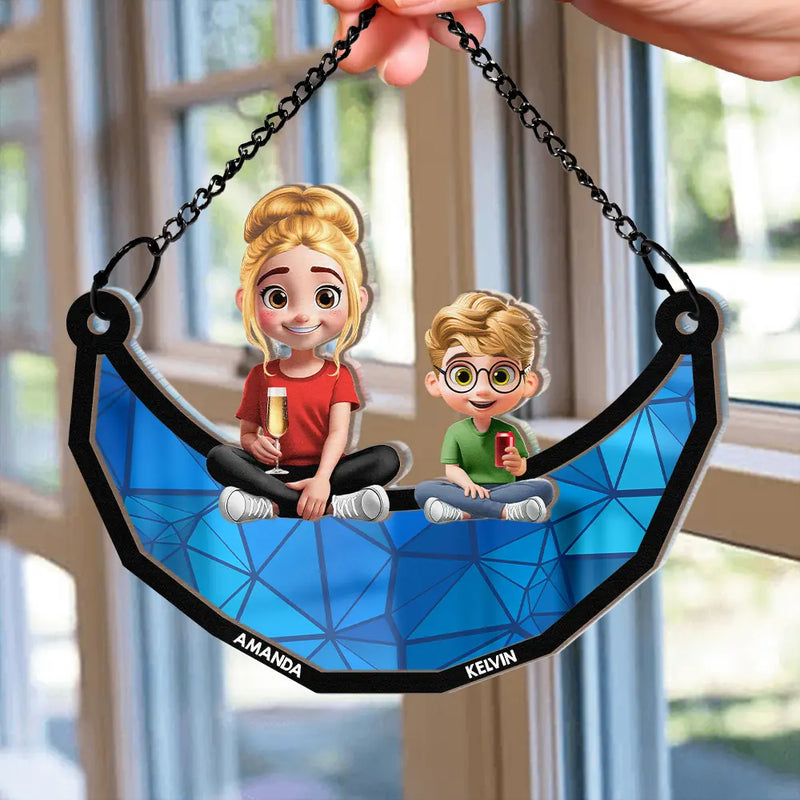Gift For Mother,Mom,Children - Mother Daughter Son We Love You Mom 3D Cartoon - Personalized Window Hanging Suncatcher Ornament