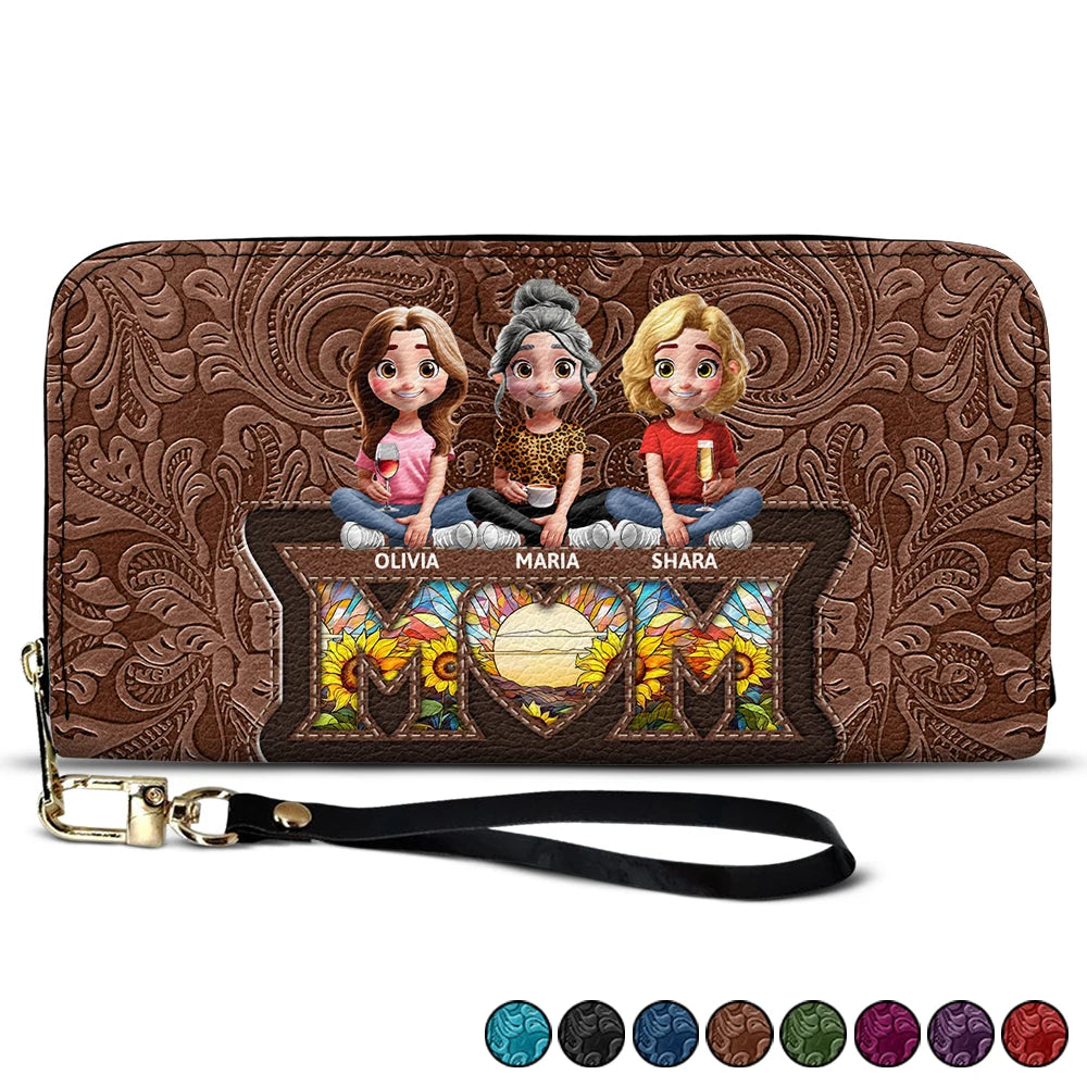 Mother Daughter Son We Love You Mom 3D Cartoon - Personalized Leather Long Wallet
