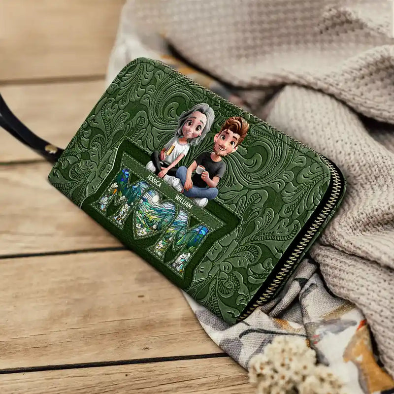 Mom - Daughters (Adult),Gift For Mother,Gift For Daughter,Happy - Mother Daughter Son We Love You Mom 3D Cartoon - Personalized Leather Long Wallet
