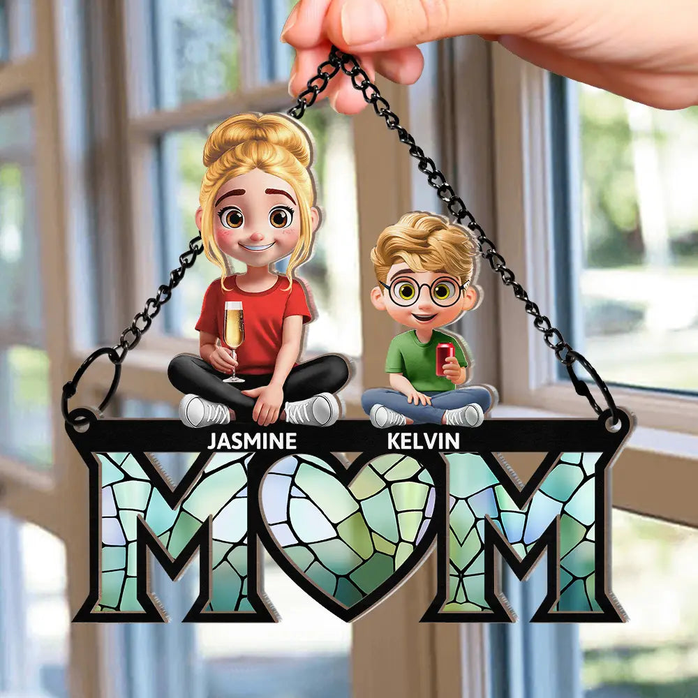 Gift For Mother,Love - Mother Daughter Son We Love You Mom 3D Cartoon - Personalized Window Hanging Suncatcher Ornament