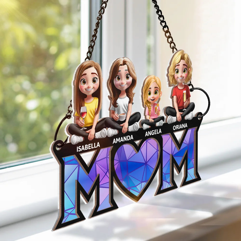 Gift For Mother,Love - Mother Daughter Son We Love You Mom 3D Cartoon - Personalized Window Hanging Suncatcher Ornament