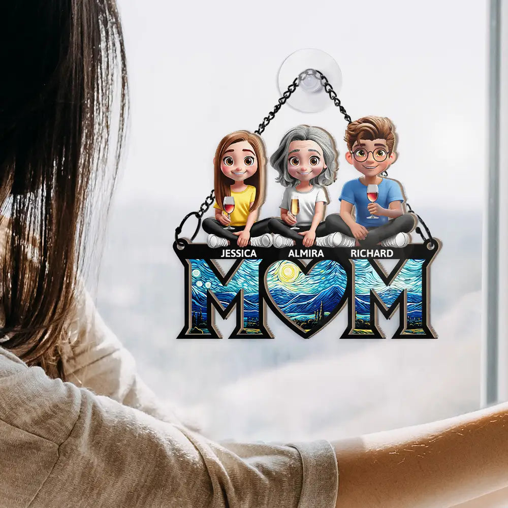 Gift For Mother,Love - Mother Daughter Son We Love You Mom 3D Cartoon - Personalized Window Hanging Suncatcher Ornament