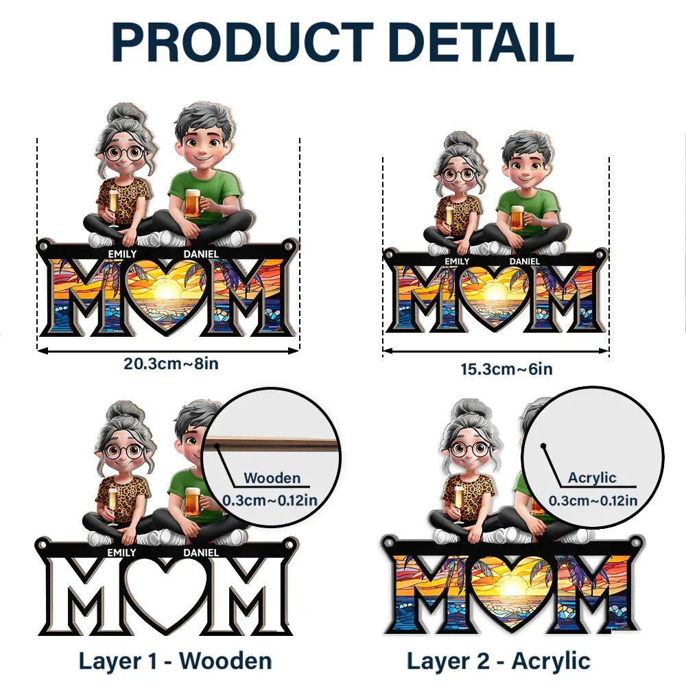 Gift For Mother,Love - Mother Daughter Son We Love You Mom 3D Cartoon - Personalized Window Hanging Suncatcher Ornament